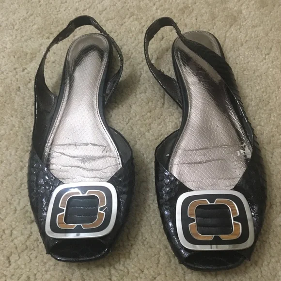 Sam Edelman Erica Flats Peep Toe Snakeskin Embossed Leather Slingback Black - Picture 2 of 13